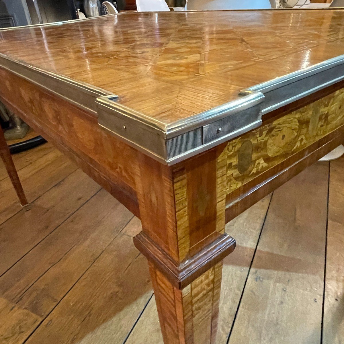 Table / Desk Louis XVI Directoire Inlaid, Brass Belt 2 Drawers, 19th-photo-4